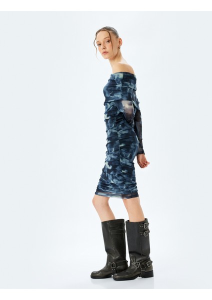 Madonna Yaka Omzu Açık Drapeli Uzun Kollu Tül Elbise fiyatları