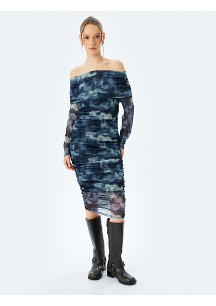 Madonna Yaka Omzu Açık Drapeli Uzun Kollu Tül Elbise modelleri