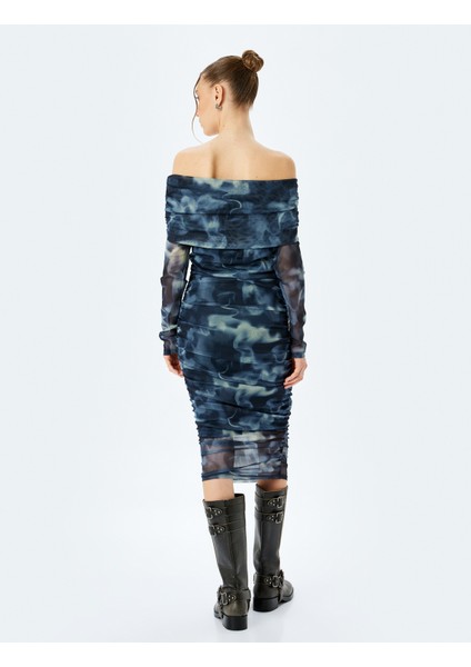 Madonna Yaka Omzu Açık Drapeli Uzun Kollu Tül Elbise fırsatları