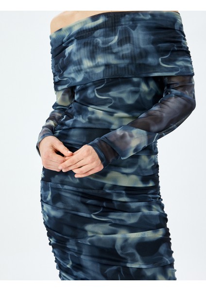 Madonna Yaka Omzu Açık Drapeli Uzun Kollu Tül Elbise indirimleri