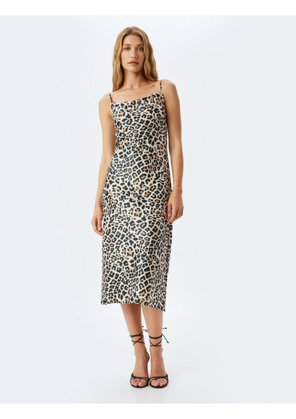 Degaje Yaka Saten Leopar Ip Askılı Midi Slip Elbise