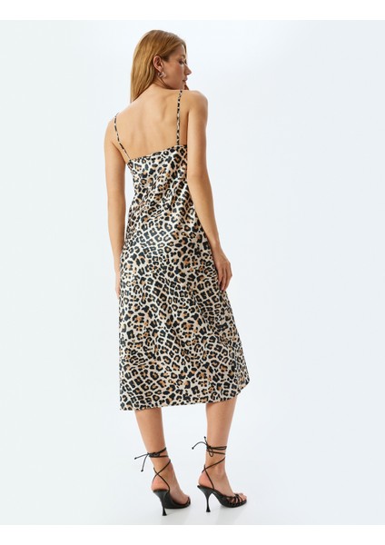 Degaje Yaka Saten Leopar Ip Askılı Midi Slip Elbise
