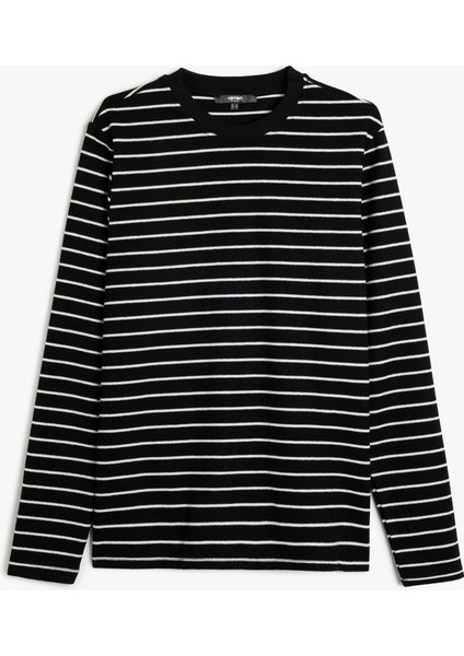 Bisiklet Yaka Uzun Kollu Pamuk Karışımlı Çizgili Sweatshirt