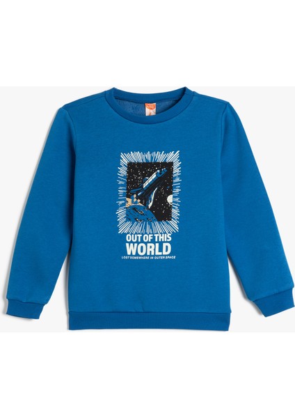 Sweatshirt Şardonlu Pamuklu Uzun Kollu Bisiklet Yaka Uzay Temalı Baskılı