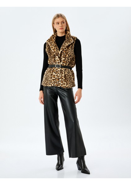 Kolsuz Leopar Desenli Suni Kürk Yelek fiyatları