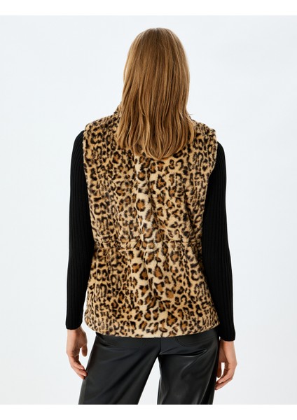 Kolsuz Leopar Desenli Suni Kürk Yelek fırsatları