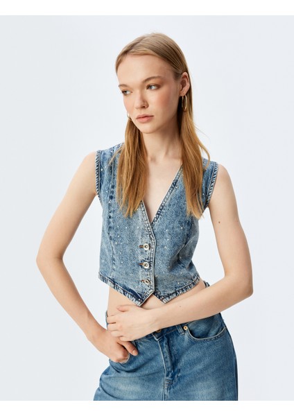Taşlı Kot Yelek Crop Kolsuz V Yaka Düğmeli