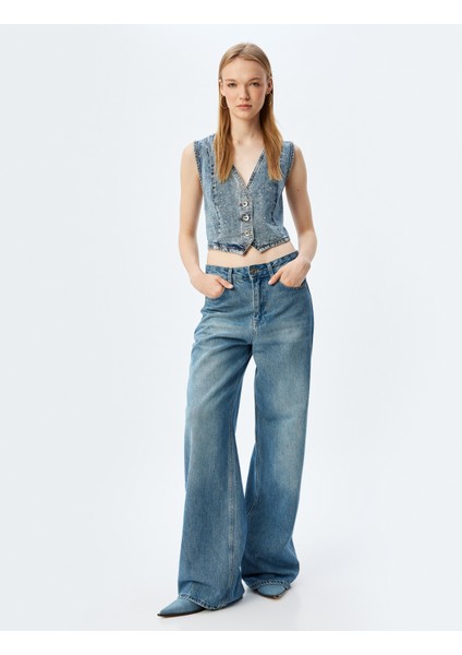 Taşlı Kot Yelek Crop Kolsuz V Yaka Düğmeli fiyatları