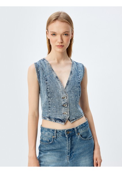 Taşlı Kot Yelek Crop Kolsuz V Yaka Düğmeli modelleri