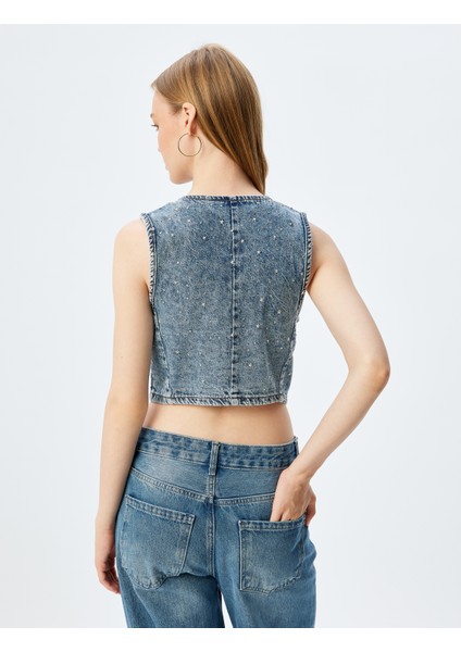 Taşlı Kot Yelek Crop Kolsuz V Yaka Düğmeli fırsatları