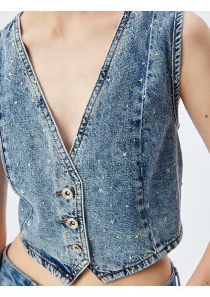 Taşlı Kot Yelek Crop Kolsuz V Yaka Düğmeli indirimleri