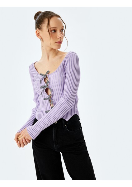 Fiyonklu V Yaka Slim Fit Crop Triko Hırka