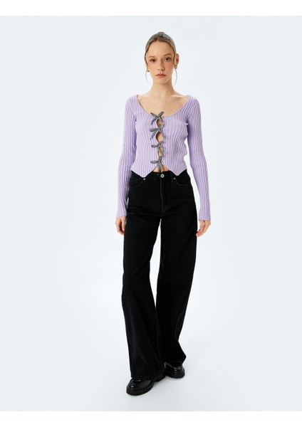 Fiyonklu V Yaka Slim Fit Crop Triko Hırka