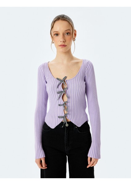 Fiyonklu V Yaka Slim Fit Crop Triko Hırka