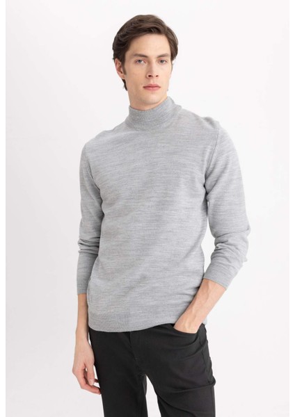 Erkek Gri Slim Fit Dar Kesim Basic Düz Akrilik Kazak B7851Axns
