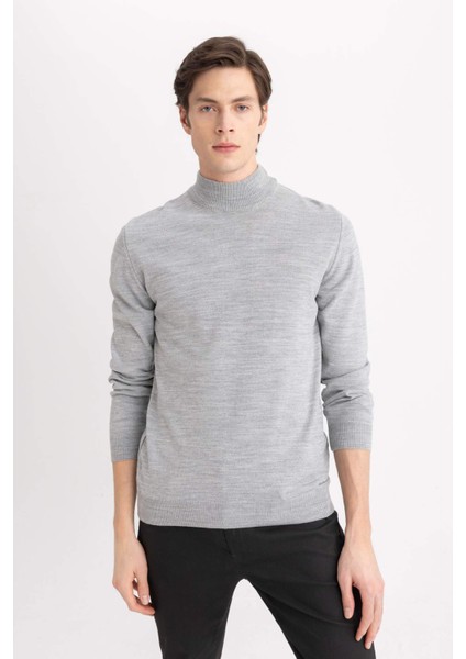 Erkek Gri Slim Fit Dar Kesim Basic Düz Akrilik Kazak B7851Axns