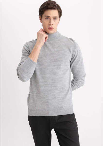 Erkek Gri Slim Fit Dar Kesim Basic Düz Akrilik Kazak B7851Axns