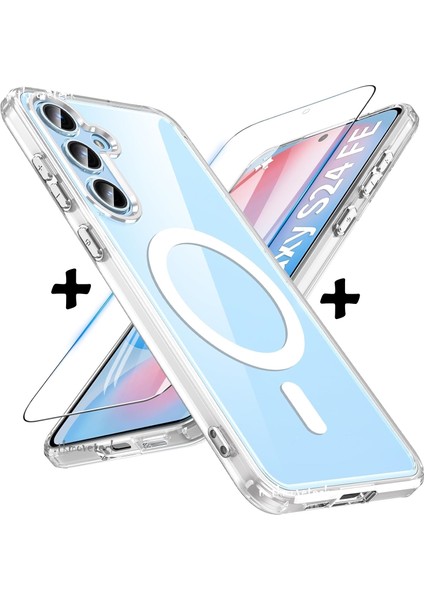 Samsung Galaxy S24 Fe Kılıf Tmanyetik Şeffaf Magsafe Arka Kapak ve Ekran Koruyucu Cam Set