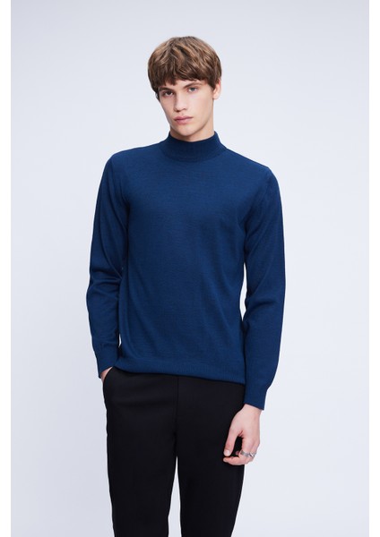 Indigo Regular Fit Düz Yarım Balıkçı Yaka Yünlü Triko Kazak