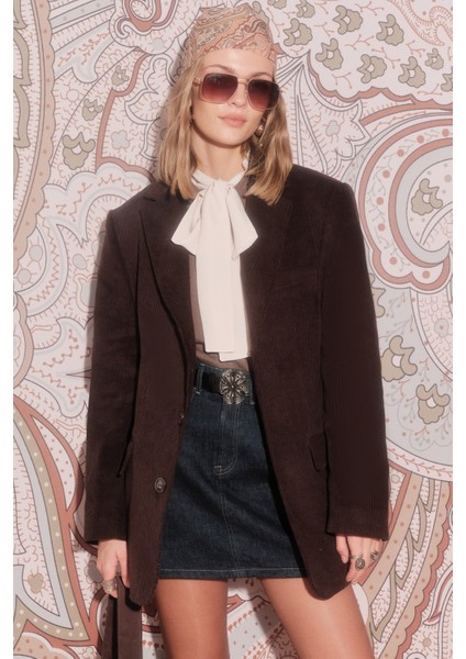 Fitilli Kadife Blazer Ceket Acı Kahve