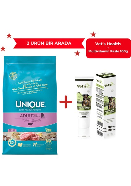 Adult Mini/smal Kuzulu Küçük Irk Köpek Maması 3kg + Vet's Health Multi-Vitamin 100 gr