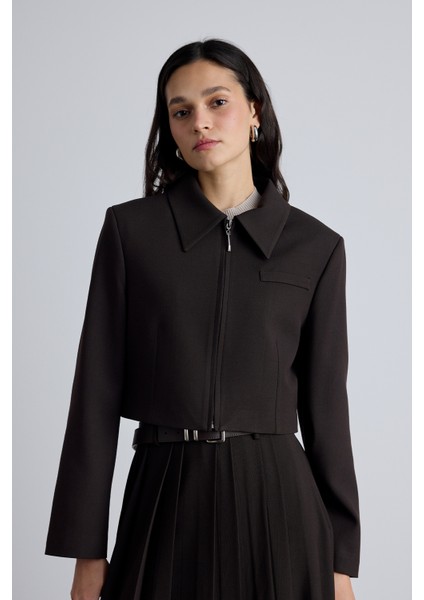 Klasik Kesim Crop Blazer Ceket Acı Kahve