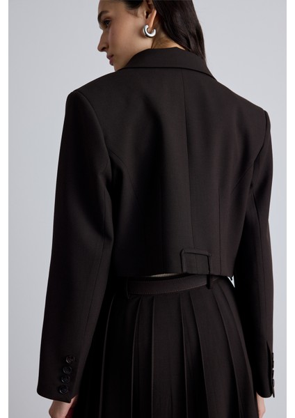 Klasik Kesim Crop Blazer Ceket Acı Kahve