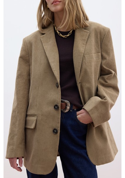 Fitilli Kadife Blazer Ceket Camel