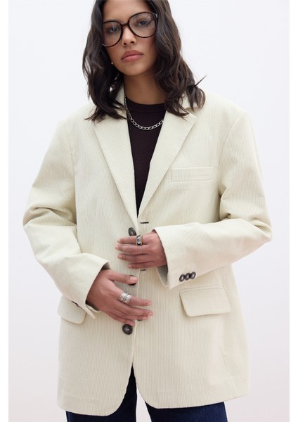 Fitilli Kadife Blazer Ceket Vanilya
