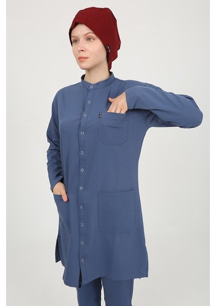 Violet Hakim Yaka Indigo Tesettür Uniforma (Likralı) S - Takım - Hayır Isim Yazılmasın