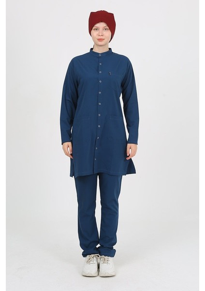 Violet Hakim Yaka Petrol Mavi Tesettür Uniforma (Likralı) L - Takım - Hayır Isim Yazılmasın