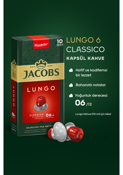 Lungo 6 Classic Nespresso Uyumlu Alüminyum Kapsül Kahve 10 Adet X 5 Paket