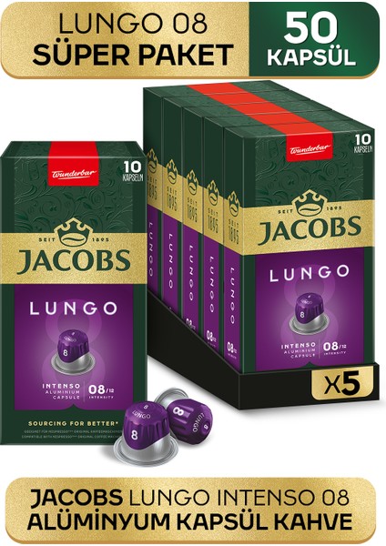 Lungo 8 Intenso Nespresso Uyumlu Alüminyum Kapsül Kahve 10 Adet X 5 Paket