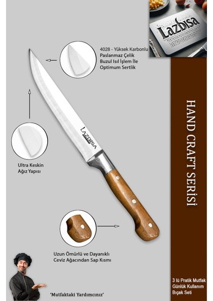LAZBİSA Hand Craft Mutfak Bıçak Seti Et Ekmek Sebze Meyve Bıçağı 3 Lü Set Günlük Kullanım ( Mtf-003 )