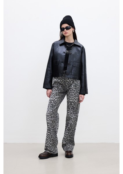 Desenli Gabardin Pantolon Leopar