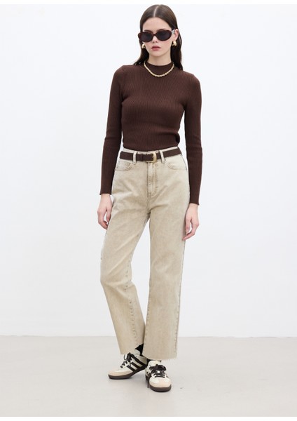 Straıght Yüksek Bel Denim Pantolon Camel
