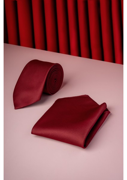 Bordo Su ve Leke Tutmayan 7 cm Kravat ve Mendil Seti