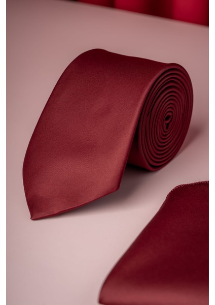 Bordo Su ve Leke Tutmayan 7 cm Kravat ve Mendil Seti