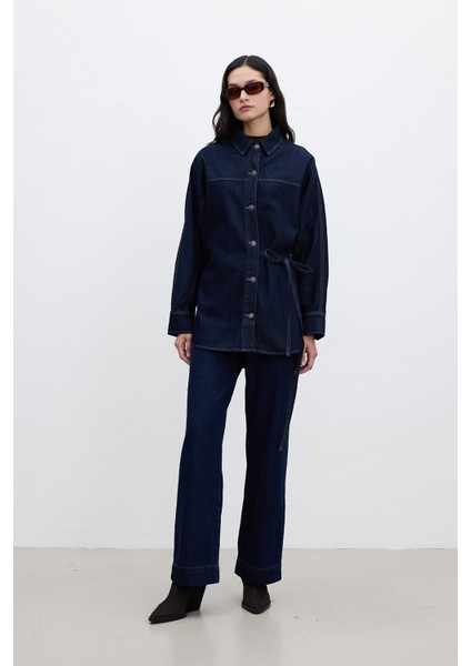 Yüksek Bel Wıde Leg Denim Pantolon Derin