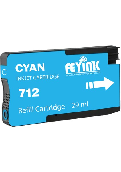 Feyink® Hp 712 Cyan (C) Orijinal Mürekkep Dolumlu Feyink Kartuş 29ML Mavi