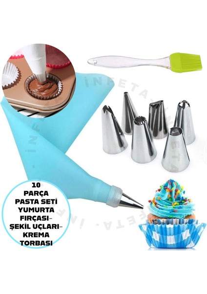 Krema Sıkma Torbası Seti 10 Parça Pasta Krema Kek Süsleme Yumurta Fırçası Krema Torbası & 6 Şekil Uç