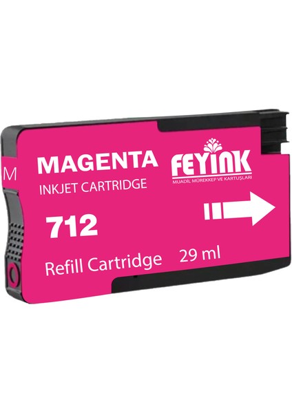 Feyink® Hp 712 Magenta (M) Orijinal Mürekkep Dolumlu Feyink Kartuş 29ML Kırmızı