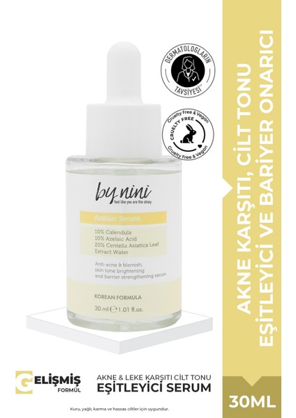 Hassas Ciltlere Uygun, Akne Karşıtı, Cilt Tonu Eşitleyici, Bariyer Onarıcı Azelaik Asit Serum 30 ml