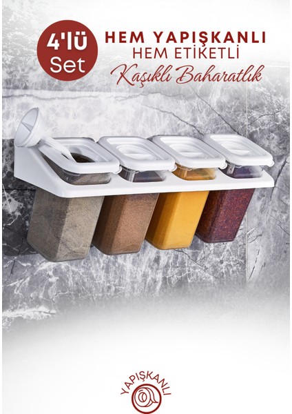 4'lü Etiketli Standlı Kilitli Kaşıklı Kendinden Yapışkanlı Kare Baharatlık Takımı 400 Ml-Beyaz