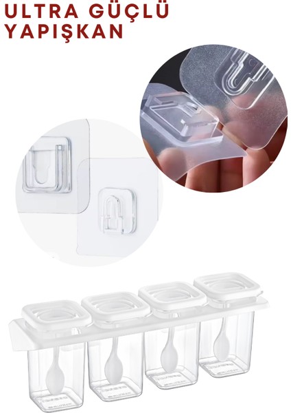 4'lü Etiketli Standlı Kilitli Kaşıklı Kendinden Yapışkanlı Kare Baharatlık Takımı 400 Ml-Beyaz