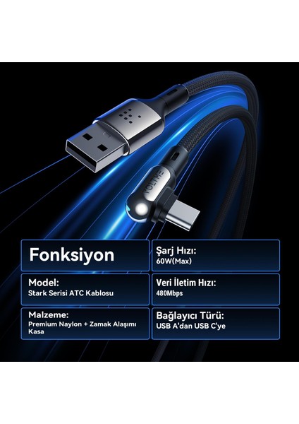 C2068 Stark 60W USB To Type-C Şarj Kablosu 2m 3A-SIYAH fırsatları