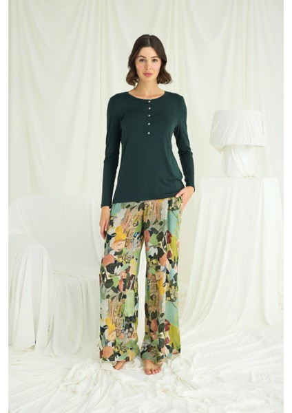 Kadın Çiçek ve Yaprak Desenli Pijama Takımı 24132 fiyatları