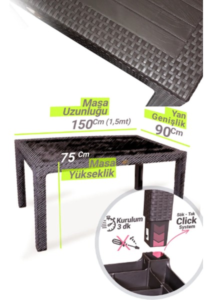 6 Adet Victor Koltuk Rattan Bahçe Balkon Masa Takımı 6 Kişilik Large 90 x 150 cm Camlı Set Pro 1.