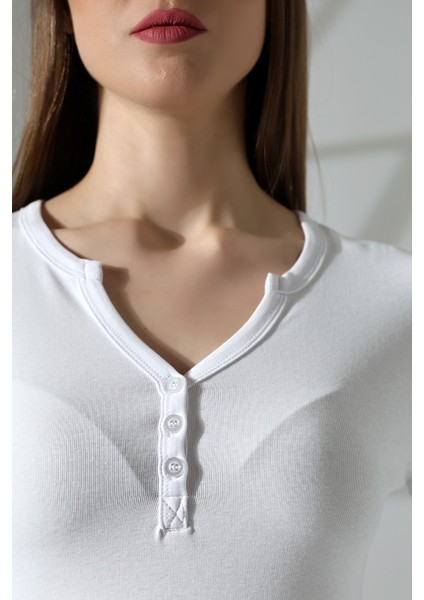 Yakası Düğmeli Likralı Ribana Kumaş Uzun Kol Bluz 21926 Beyaz fiyatları