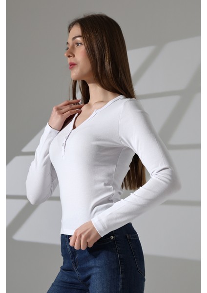 Yakası Düğmeli Likralı Ribana Kumaş Uzun Kol Bluz 21926 Beyaz modelleri